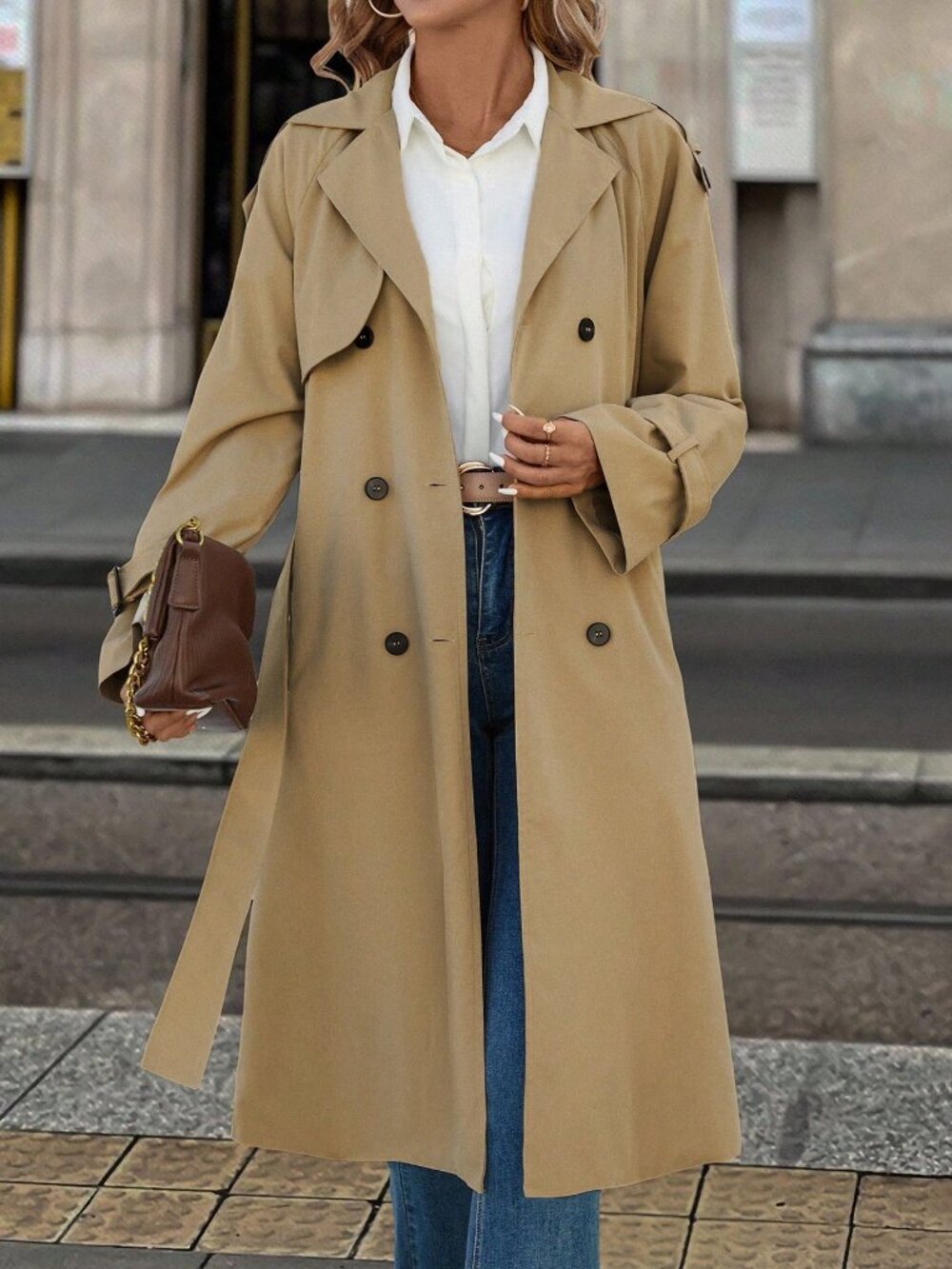 Khaki Casual Women's Long Sleeve Double-Breasted Long Trench Coat - Picture 3 of 7